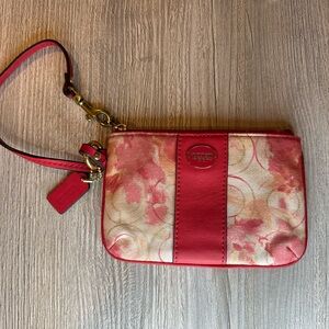Pink Watercolor canvas & leather Coach Wristlet